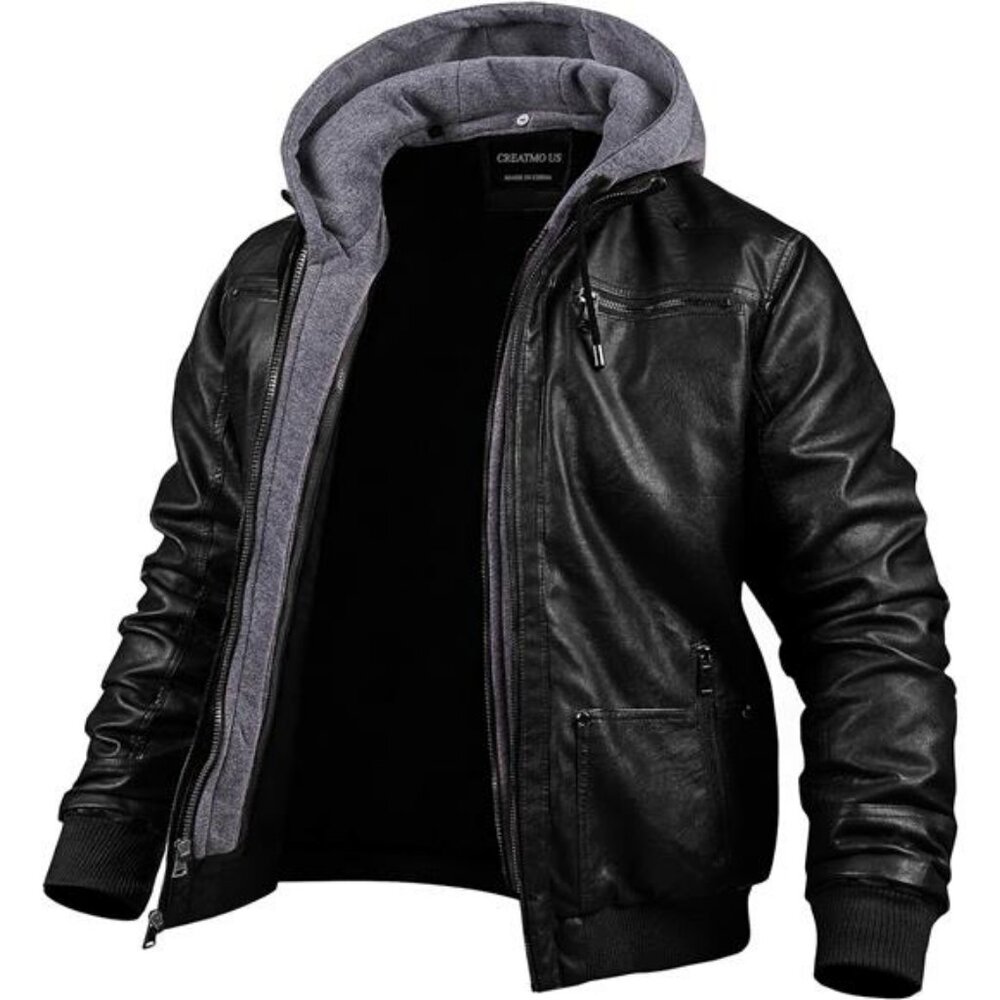 CREATMO US Men's Faux Leather Jacket Motorcycle Jacket Waterproof Windproof PU